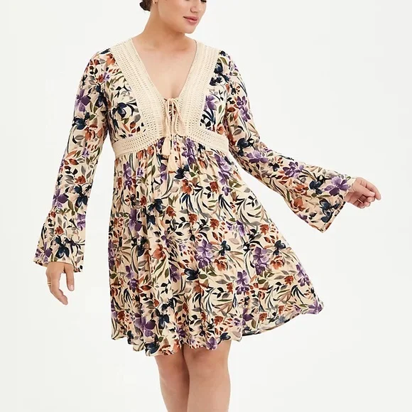 NWT Torrid Floral Babydoll Fit Plus Size Tan Skater Dress w/ Lace Up Neckline - Picture 1 of 10